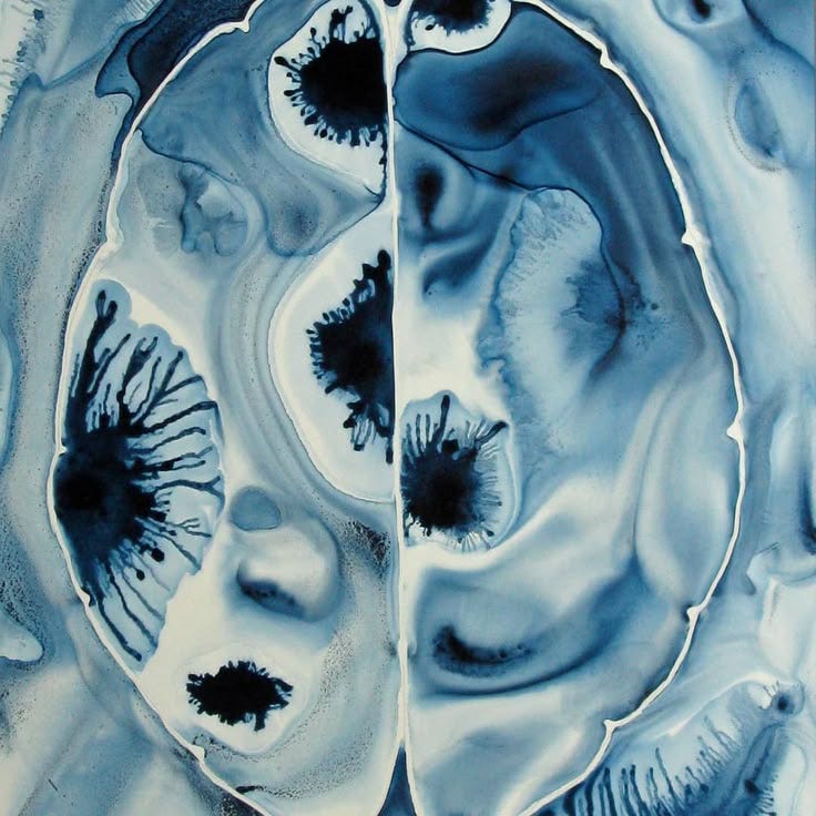 This may contain: an abstract painting with blue and white colors