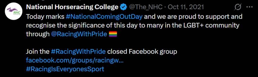 National Horseracing College tweet promoting National Coming Out Day