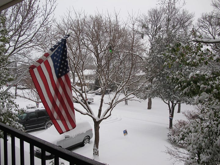 On the left, a snowy front yard with an American being the only pop of color, on the right a firework show over a lakeview