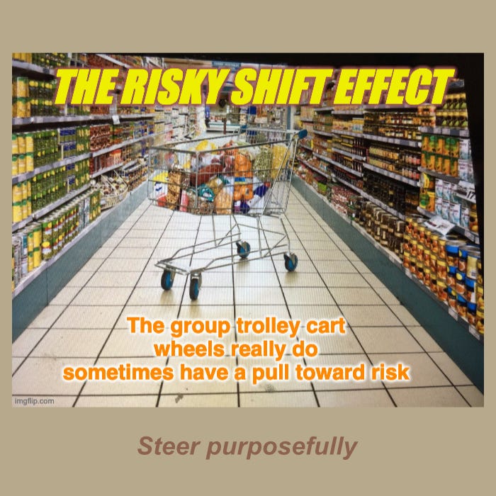 Image is of a grocery store aisle with a shopping cart in it, the wheels prominent on the tiled floor and slightly turned wheels at the front. The top says the risky shift effect and the caption below says the group trolley cart wheels really do sometimes have a pull toward risk and below that it says steer purposefully Image is of a grocery store aisle with a shopping cart in it, the wheels prominent on the tiled floor and slightly turned wheels at the front. The top says the risky shift effect and the caption below says the group trolley cart wheels really do sometimes have a pull toward risk and below that it says steer purposefully