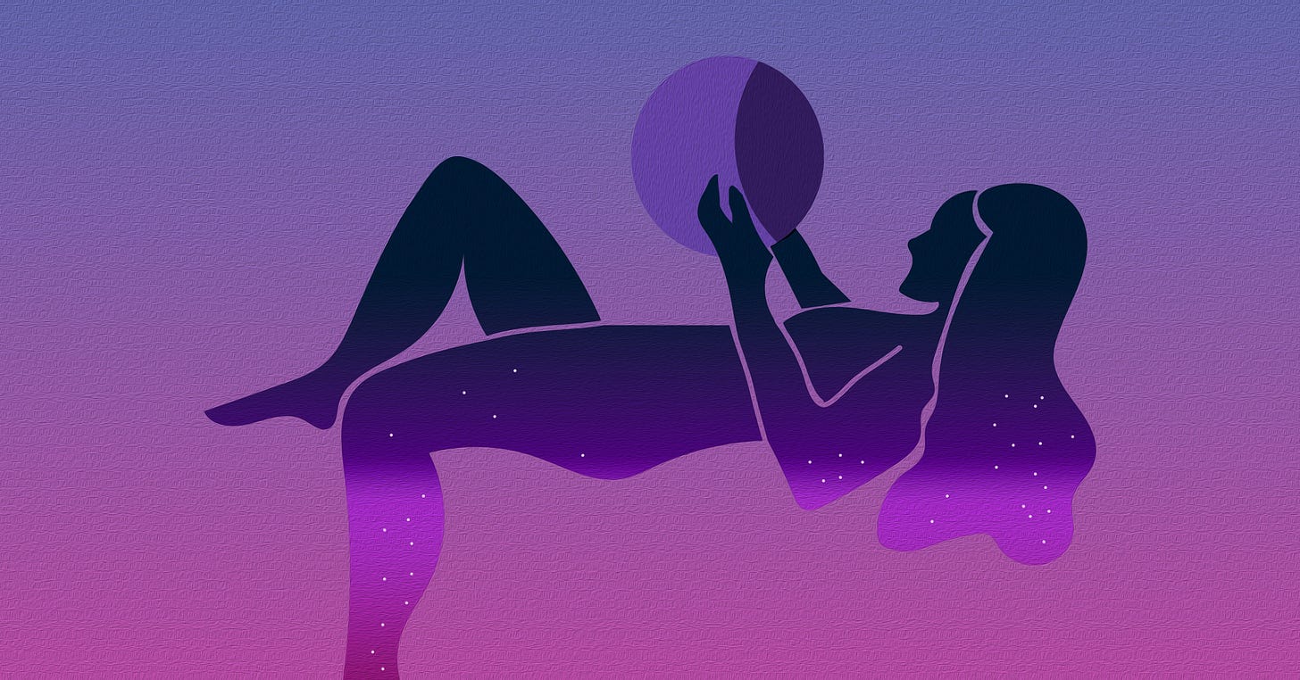 Outline of a woman reclining and meditating on the moon on a purple background.
