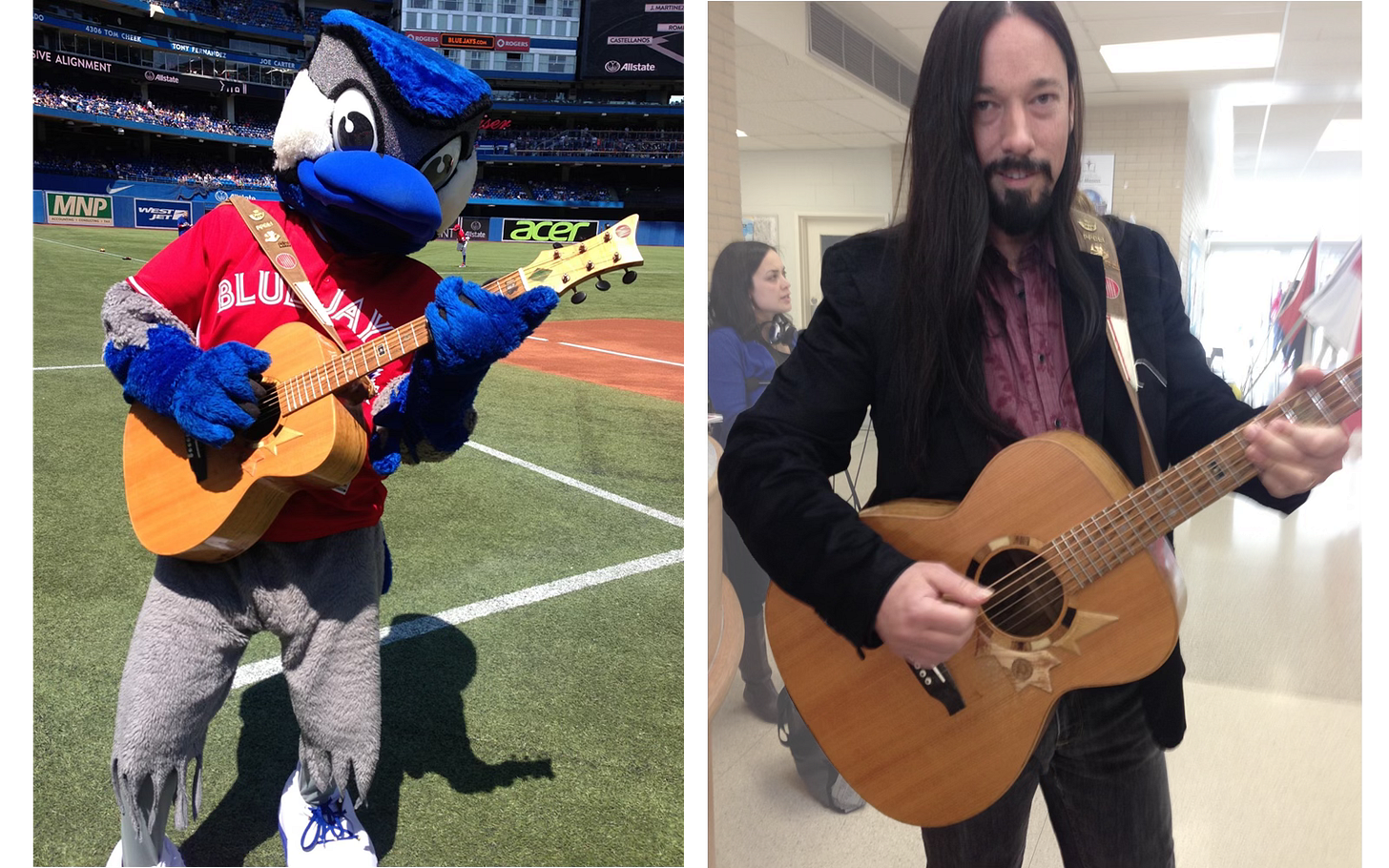 Blue Jays mascot Ace with Voyageur August 2014 and Tragically Hip's Rob Baker with Voyageur in April 2014