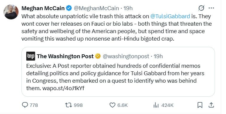 What absolute unpatriotic vile trash this attack on  @TulsiGabbard  is. They wont cover her releases on Fauci or bio labs - both things that threaten the safety and wellbeing of the American people, but spend time and space vomiting this washed up nonsense anti-Hindu bigoted crap.