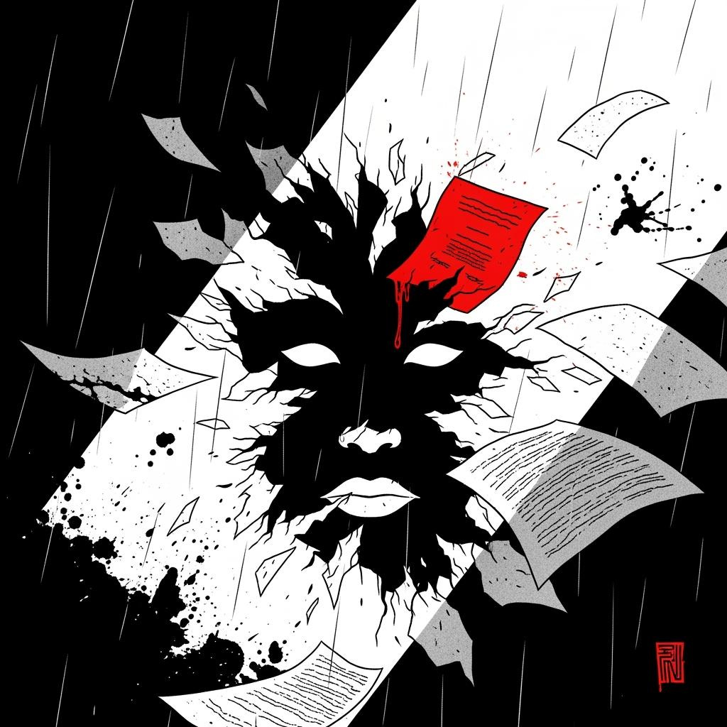 Using same style - High contrast monochromatic illustration Frank Miller noir aesthetic shredded documents reassembling to form face in negative space harsh angular composition dramatic shadows rain effect splattered ink single red accent co_image_1