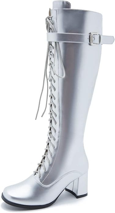 LIURUIJIA Women's Gogo Boots Lace up Knee High Block Heel Side Zipper Riding Boots LIURUIJIA Women's Gogo Boots Lace up Knee High Block Heel Side Zipper Riding Boots