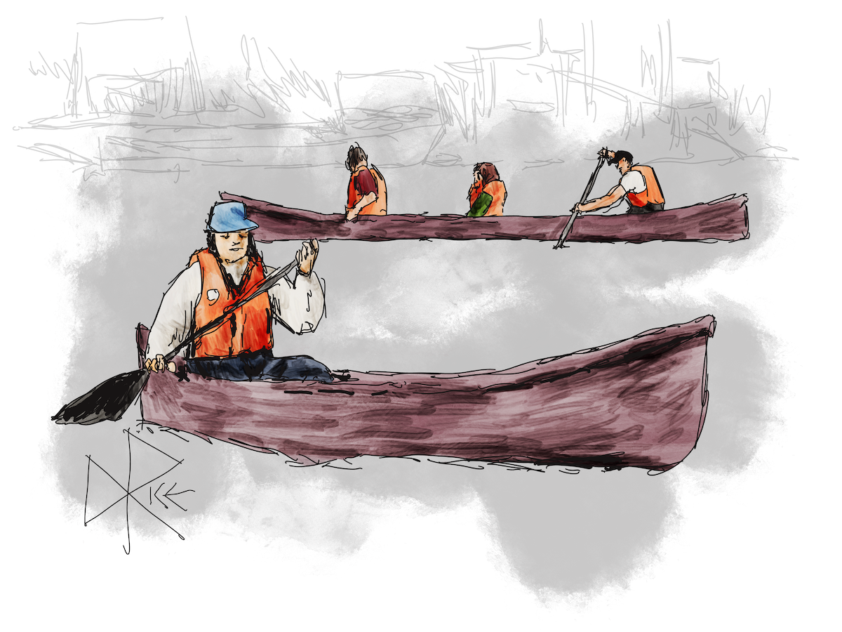 A solo paddler in a canoe, and a trio in another canoe closer to shore enjoy a lovely day on the water. Sketch art by Don Rice. A solo paddler in a canoe, and a trio in another canoe closer to shore enjoy a lovely day on the water. Sketch art by Don Rice.