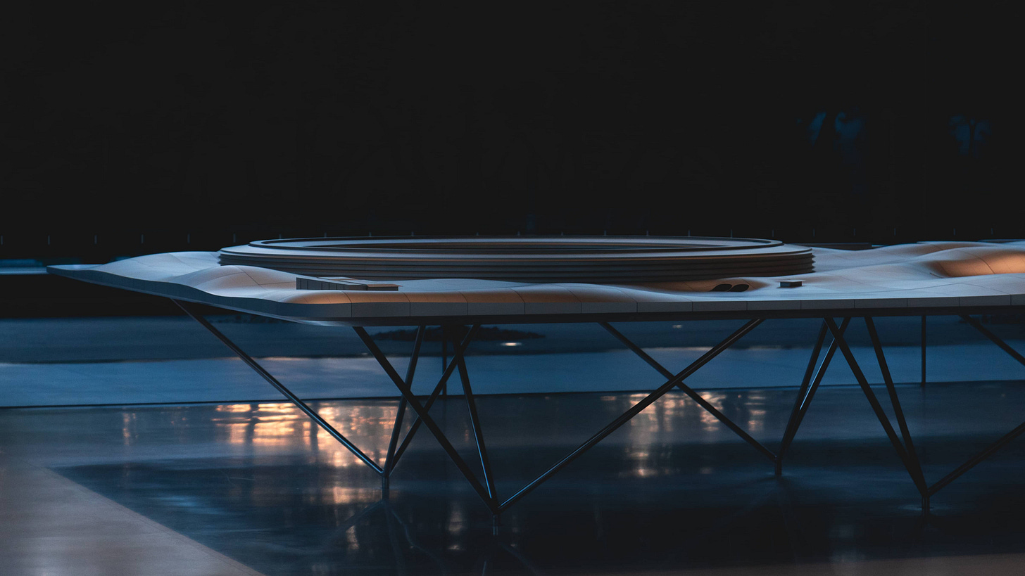 The aluminum sculpture of Apple Park at Exhibition at Apple Park Visitor Center.