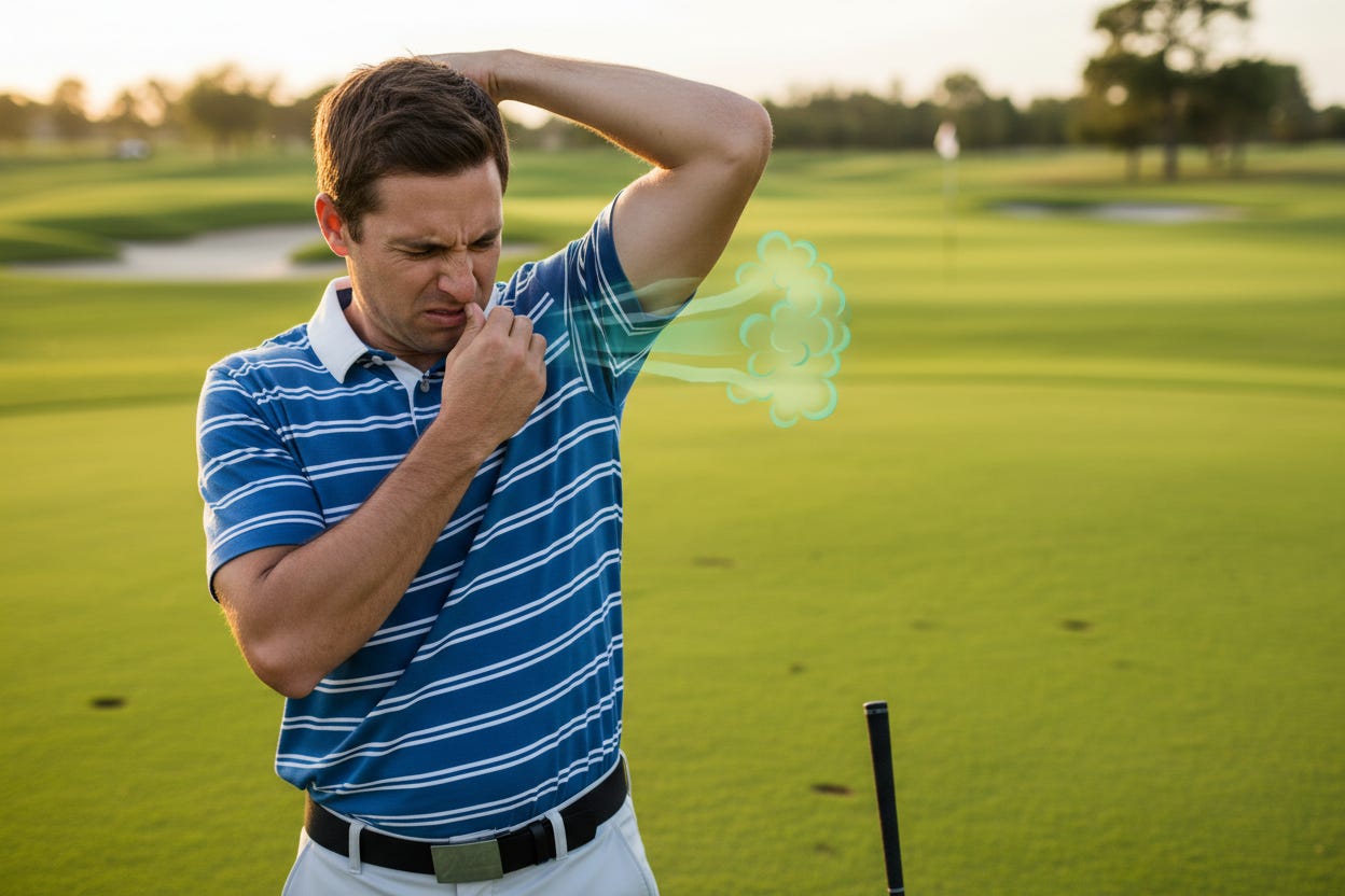 golfer with golf polo on smelling his stinky armpit
