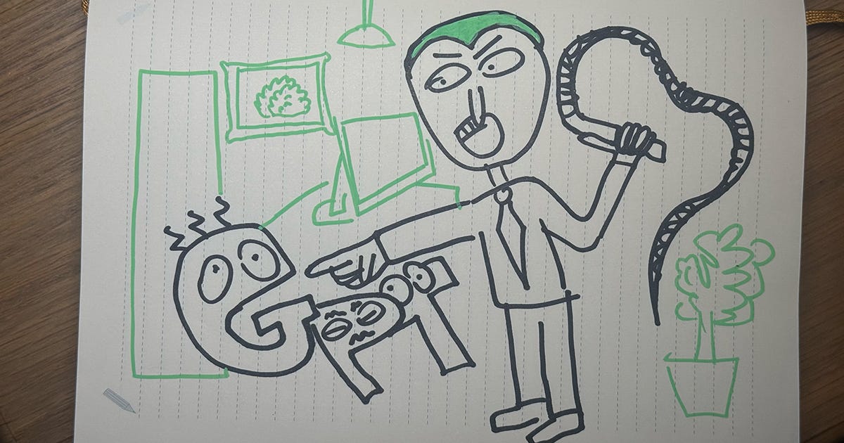 Illustration of a manager attempting to control ChatGPT, symbolising the Four Approvals Rule and the need to approve AI tools, user accounts, company data and permitted tasks before employees use generative AI at work Illustration of a manager attempting to control ChatGPT, symbolising the Four Approvals Rule and the need to approve AI tools, user accounts, company data and permitted tasks before employees use generative AI at work