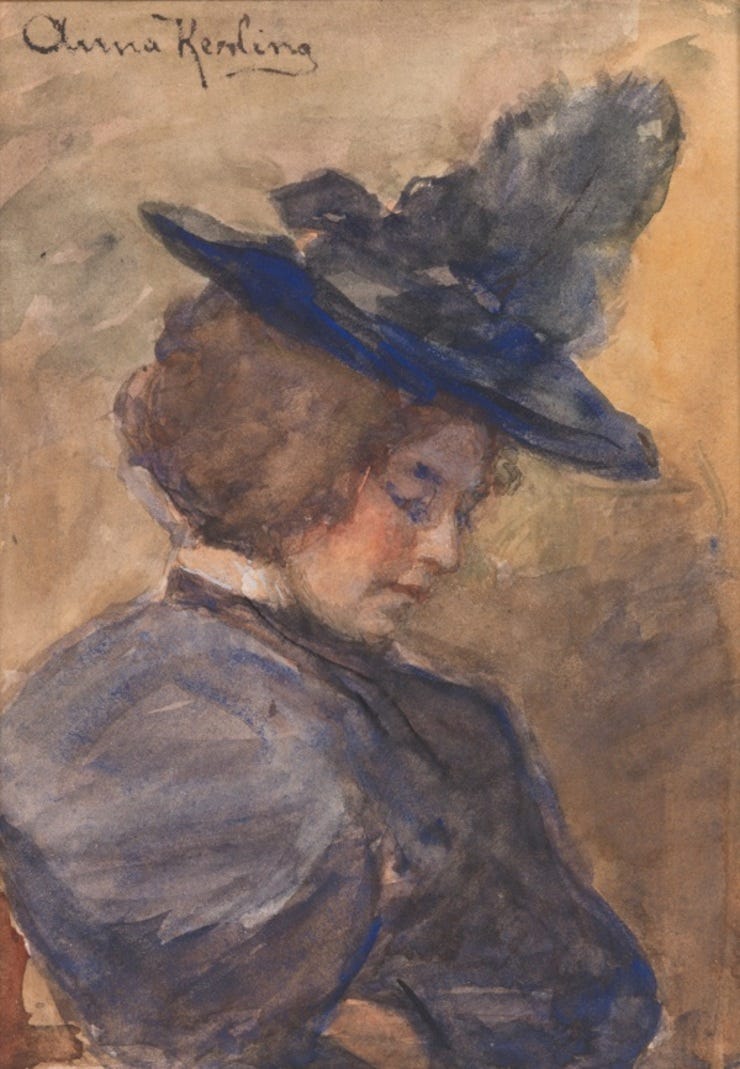 'Vrouw met hoed - vermoedelijk Thérèse Schwartze' - Aquarel: Anna Kerling