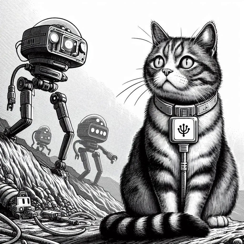 cat with a USB collar being watched by robots, barren Hill, sci-fi drawing