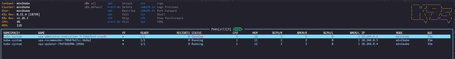 Listado de pods que componen la aplicación VPA (Vertical Pod Autoscaler) Listado de pods que componen la aplicación VPA (Vertical Pod Autoscaler)