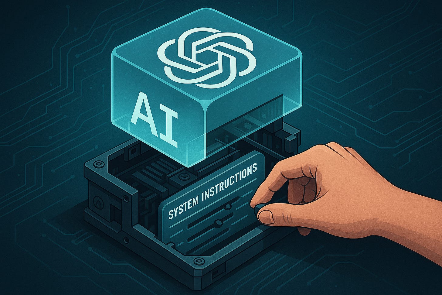 A digital illustration showing a hand adjusting a “System Instructions” module inside an opened AI core, revealing circuit-like components beneath a glowing OpenAI-style cube.