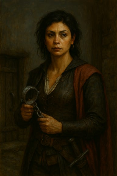 A dark fantasy image of Ezmerelda d’Avenir, visually reminiscent of Morena Baccarin, standing in the snowy woods of Barovia. She has striking features—sharp cheekbones, intense dark eyes, and short raven-black hair swept back from her face. She wears a long, dark crimson coat over leather armor, with silver buckles and a fur-lined collar. Her prosthetic leg is visible beneath her coat, crafted from polished metal and etched with arcane symbols. In one hand, she holds a silver rapier, and in the other, a wooden stake. The trees around her are bare and skeletal, and snow drifts gently through the air. Her expression is fierce and focused, ready for battle. The atmosphere is tense and cinematic, with moonlight filtering through the branches. A dark fantasy image of Ezmerelda d’Avenir, visually reminiscent of Morena Baccarin, standing in the snowy woods of Barovia. She has striking features—sharp cheekbones, intense dark eyes, and short raven-black hair swept back from her face. She wears a long, dark crimson coat over leather armor, with silver buckles and a fur-lined collar. Her prosthetic leg is visible beneath her coat, crafted from polished metal and etched with arcane symbols. In one hand, she holds a silver rapier, and in the other, a wooden stake. The trees around her are bare and skeletal, and snow drifts gently through the air. Her expression is fierce and focused, ready for battle. The atmosphere is tense and cinematic, with moonlight filtering through the branches.
