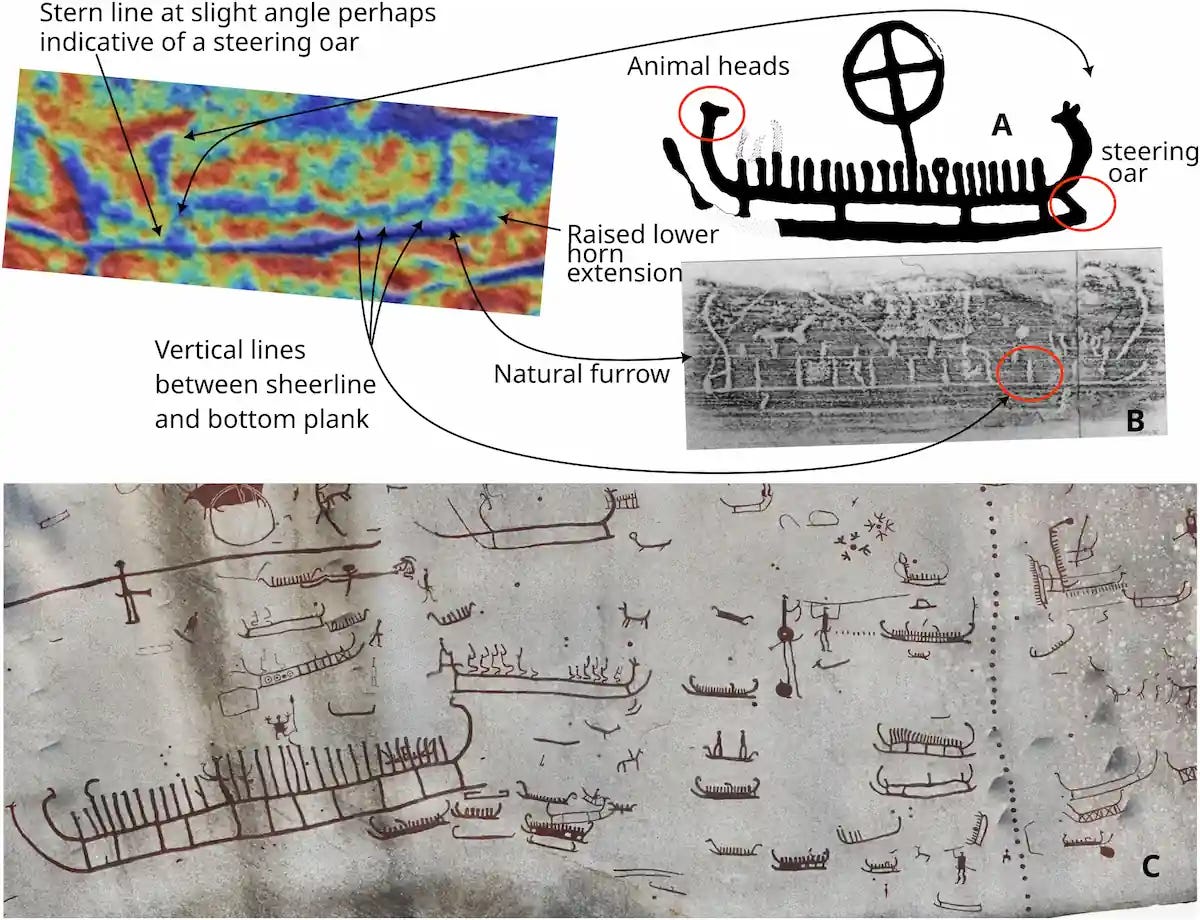 Boat 3 from Panel 2 at Santo Adrião, showing details that closely parallel southern Scandinavian boat imagery