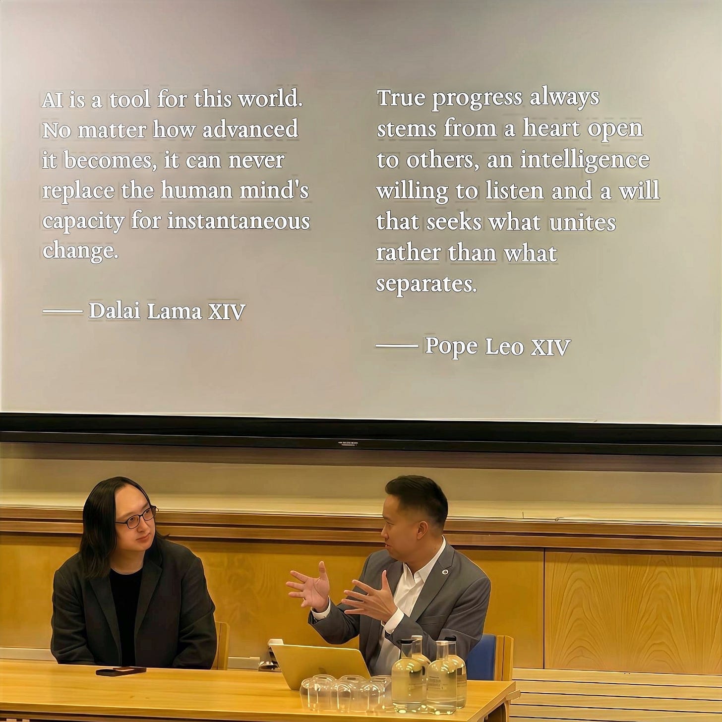 Audrey Tang (left), Taiwan's cyber ambassador, first digital minister, architect of the Taiwan Model for digital diplomacy and 2025 Right Livelihood laureate, listens as Dr Bo-Jiun Jing (right), senior research fellow and programme manager in Taiwan Studies at the Oxford School of Global and Area Studies, discusses AI-related words of wisdom from His Holiness the Dalai Lama and Pope Leo XIV during the Outrage to Overlap: Civic AI and 6-Pack of Care talk at the Nissan Institute of Japanese Studies, St. Antony's College, University of Oxford, in the U.K. Photo: Huang, Fei-Yang, MD PhD