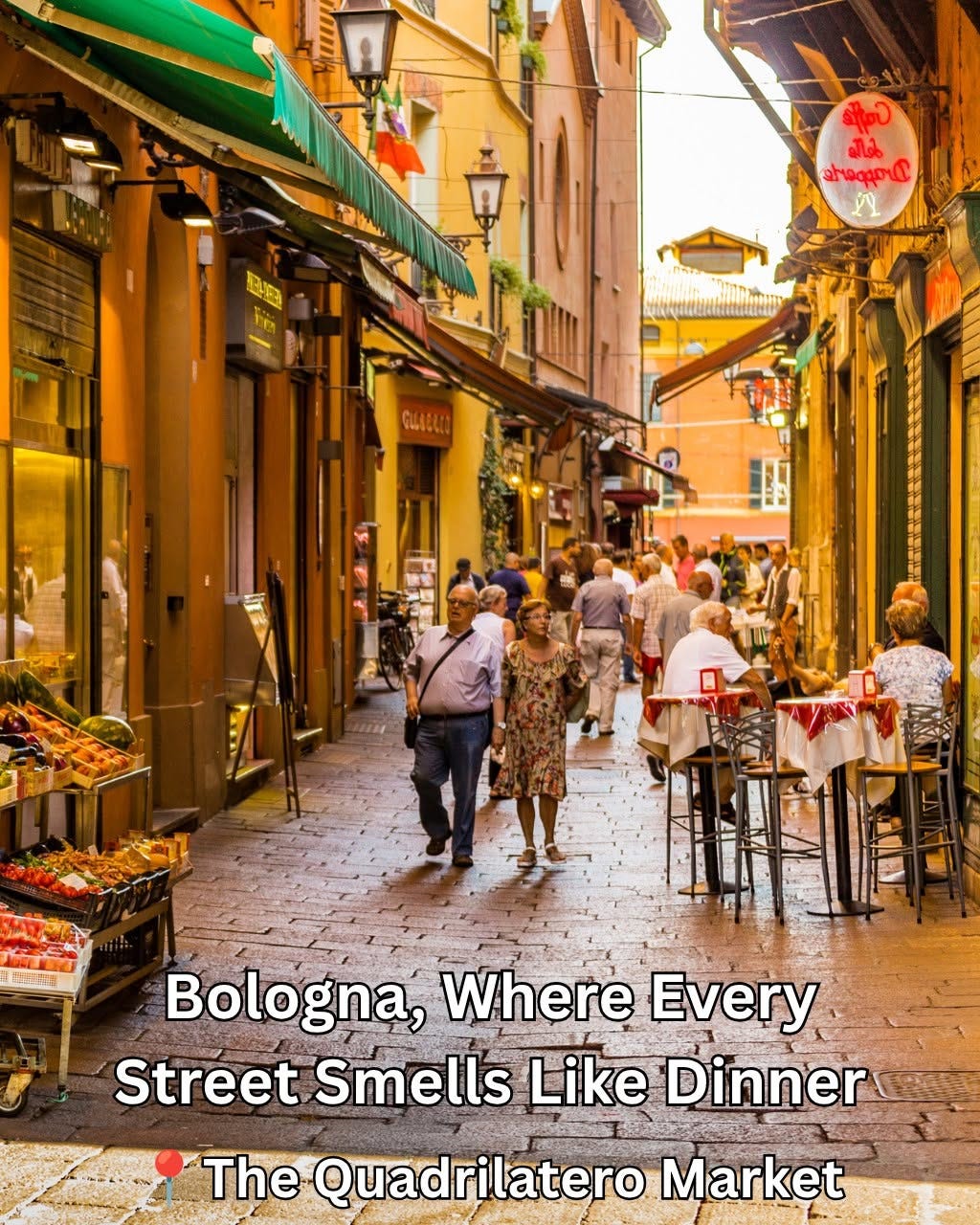May be an image of one or more people, pasta, Camogli, street and text that says 'F 冠海 Bologna, Where Every Street Smells Like Dinner The Quadrilatero Market'