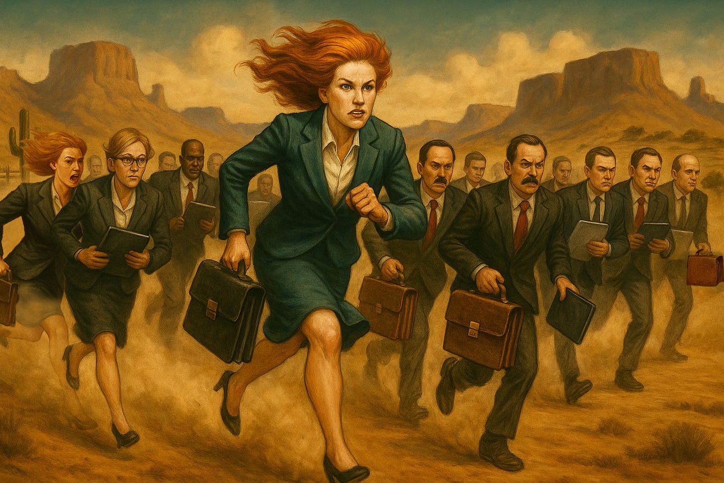 Illustration of a stampede of modern-day district attorneys in business suits running across a dusty Western plain, raising a cloud of dust. Men and women carry briefcases, gavels, and tablets, with a redheaded woman in a skirt suit leading the charge, evoking a Wild West cattle stampede. Illustration of a stampede of modern-day district attorneys in business suits running across a dusty Western plain, raising a cloud of dust. Men and women carry briefcases, gavels, and tablets, with a redheaded woman in a skirt suit leading the charge, evoking a Wild West cattle stampede.