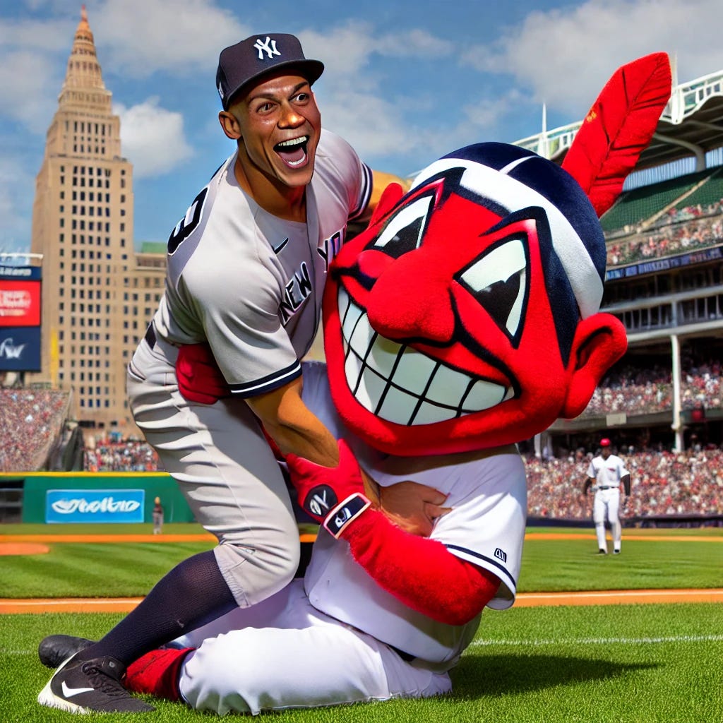 Aaron Judge of the New York Yankees playfully tackling the Cleveland Indians' mascot on a baseball field. Judge, a tall and powerful figure, is smiling as he wraps his arms around the mascot, who is in a colorful, exaggerated costume. The scene is lighthearted, with both figures having fun on the grassy field under a bright, sunny sky. The stadium in the background is filled with cheering fans enjoying the humorous moment.
