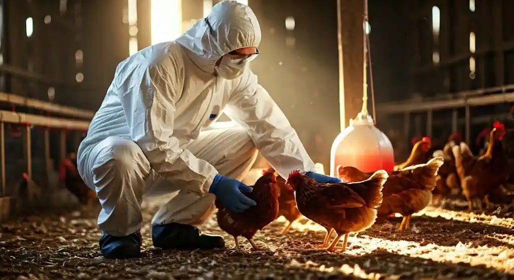 Bird Flu: Veterinarian Examining Chickens A veterinarian in a protective suit kneels in a chicken coop, inspecting healthy chickens.