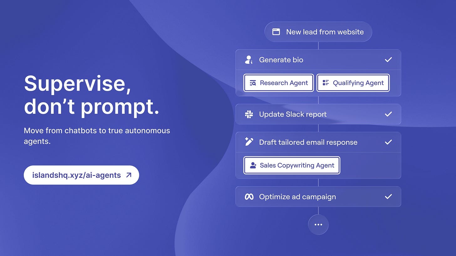 Islands CTA to move from chatbots to autonomous agents, linking to islandshq.xyz/ai-agents.