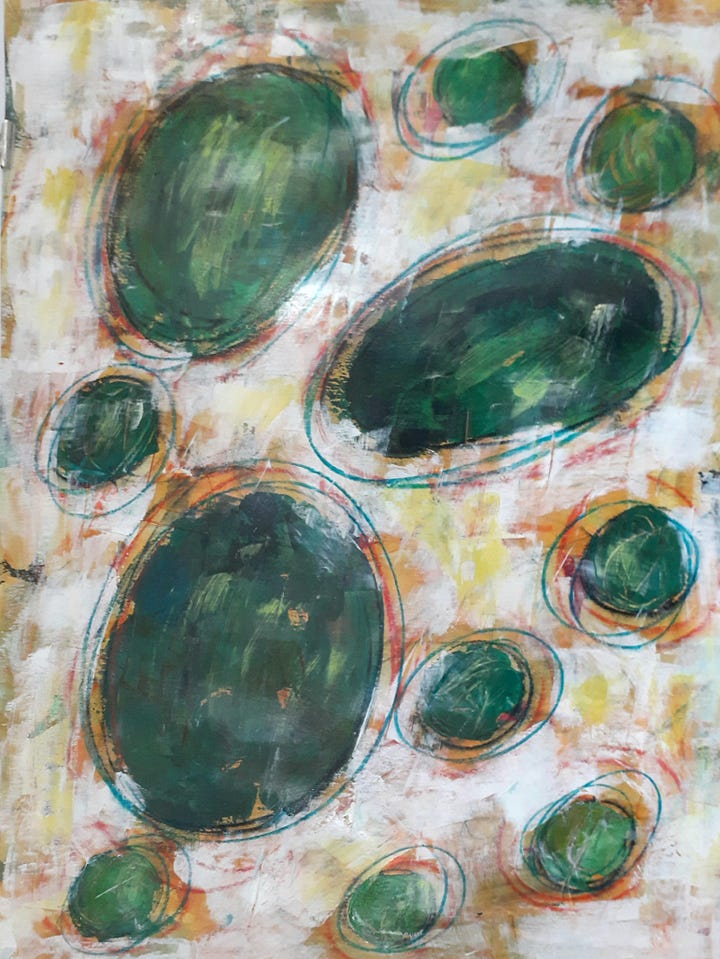 Mixed media art of distressed orbs on white background cut into postcards