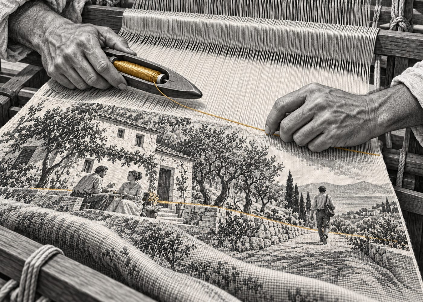 Hands weave a gold thread through a tapestry showing conversation beside a home and a walk through nature.
