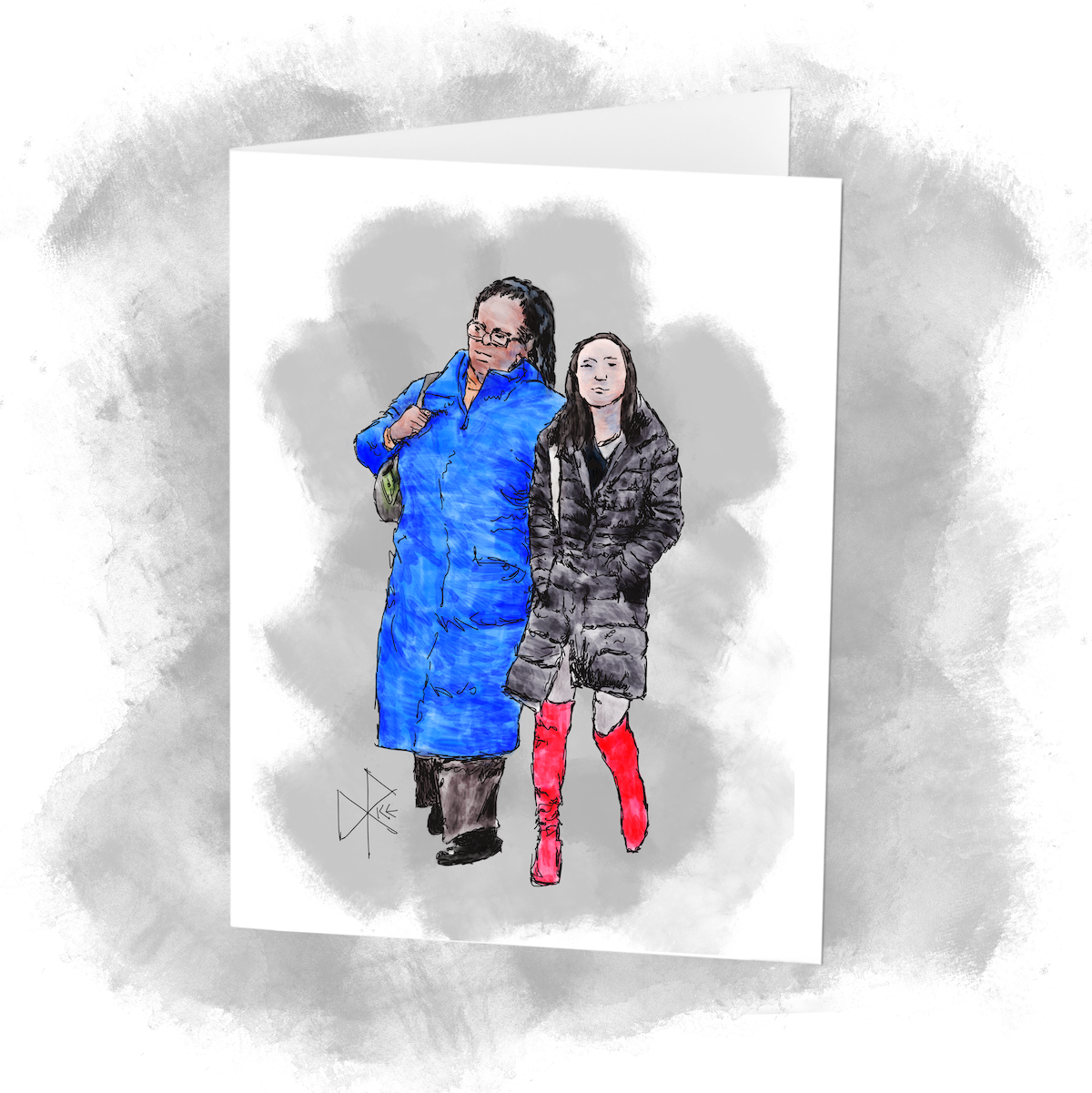 Two women walking close to each other, in their winter coats. One wears a bright blue jacket and the other wears striking red boots. Sketch art by Don Rice. Two women walking close to each other, in their winter coats. One wears a bright blue jacket and the other wears striking red boots. Sketch art by Don Rice.