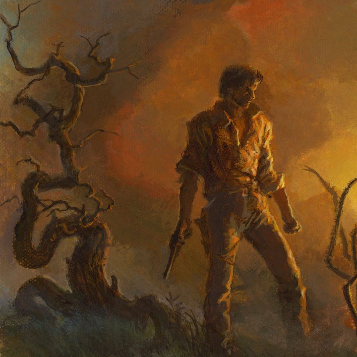 LEFT: Creature detail from IT WRITHED IN THE EMBERS featuring Mordred in spider form with green eyes glowing. It rolls on its back with legs flailing—only 7 left now. Flame spreads from its left half. A red hourglass marks its exposed belly, part of which has been blown off.  RIGHT: Figure detail from IT WRITHED IN THE EMBERS featuring Roland standing in judgment. His left hand is balled in a fist. He holds his pistol loosely pointed to the ground in his maimed right hand. Next to him a gnarled tree trunk twists upward to skeletal branches.