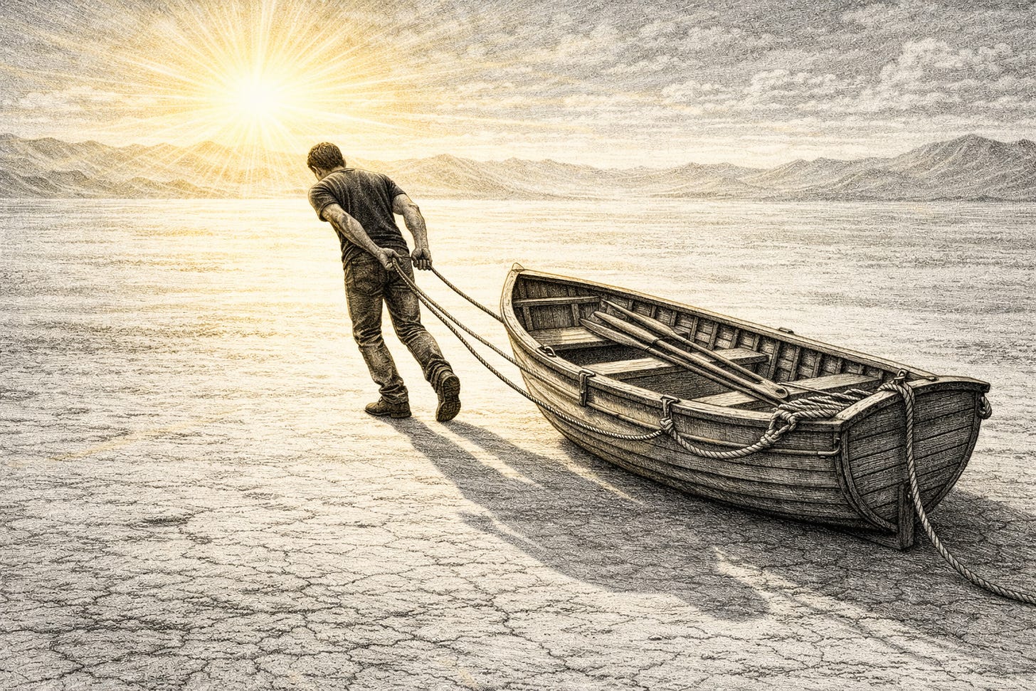 Engraving-style cover illustration of a lone man dragging a wooden rowboat across a cracked dry lakebed toward a blazing sun, representing the burden of anxiety, reassurance-seeking, over-preparing, checking, and doomscrolling.