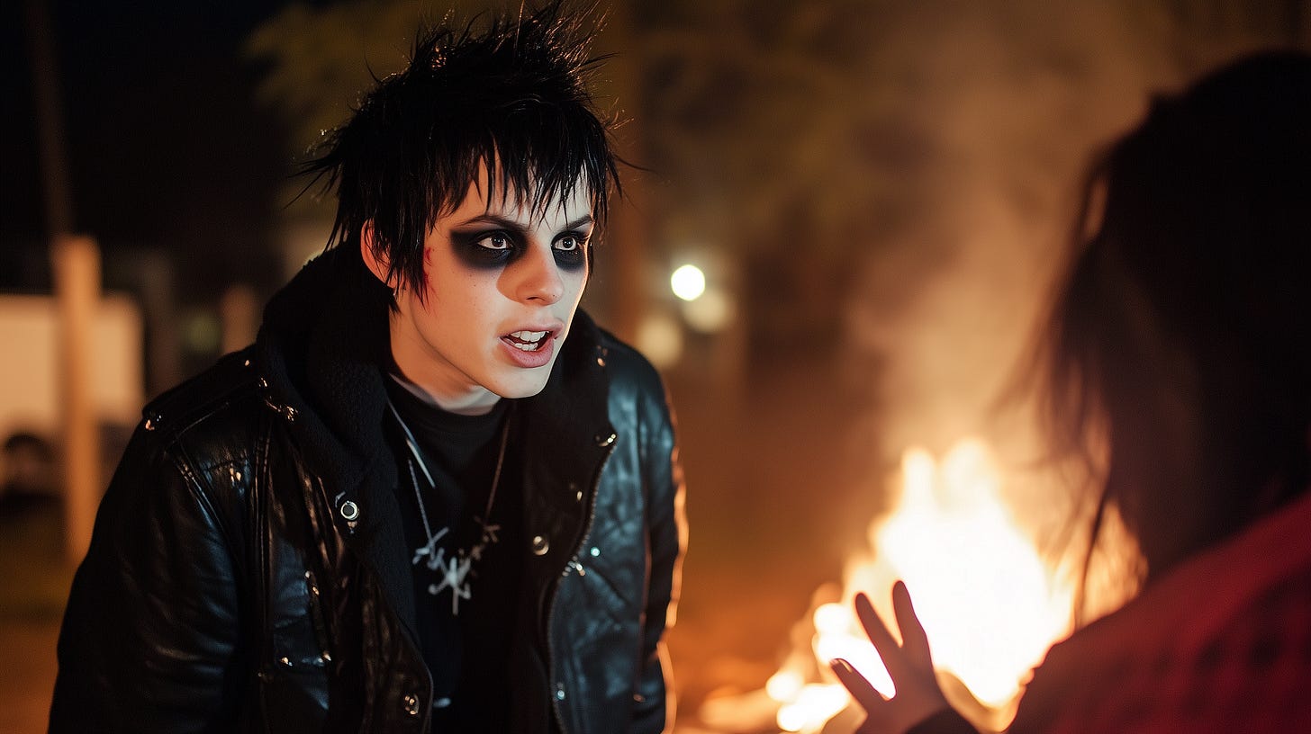 A goth-styled young man with spiky black hair and a studded black leather jacket stands in front of a roaring fire at night. He wears a cross pendant and dark clothing, giving off an edgy, rebellious vibe. A second figure is partially visible, raising a hand in the background, adding to the scene’s intensity.