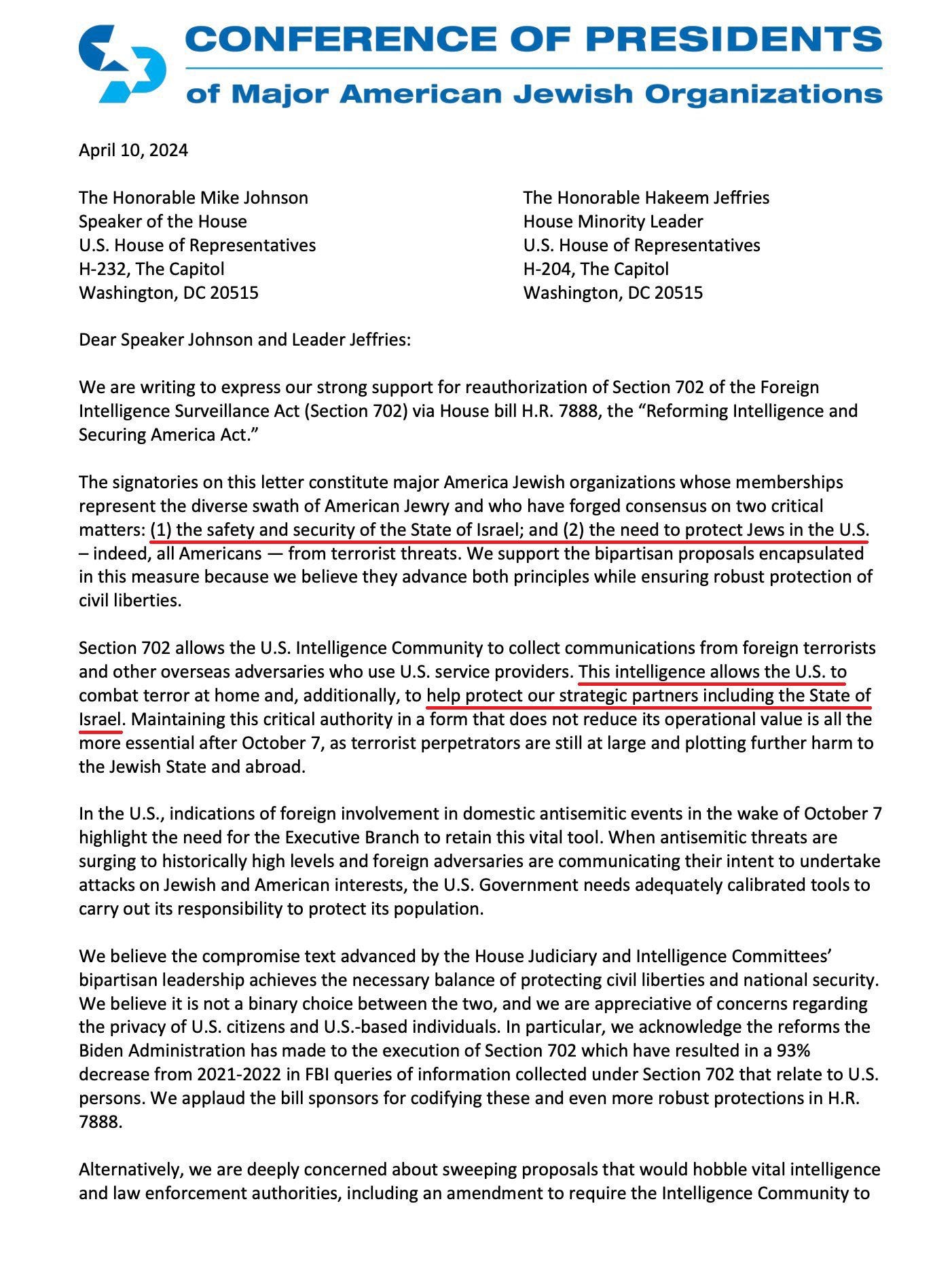 FISA was sold as American security. The Israel lobby described it as Israeli security too. This letter urged swift passage of Section 702 reauthorization and named Israel directly: protecting “the State of Israel” and America’s “strategic partners including the State of Israel.”The lobby’s Section 702 argument names the priority directly: the safety and security of the State of Israel and the protection of Jews in the U.S. This was not sold only as American security. It was also framed as Israeli security.