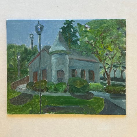 A collection of painted images, either outdoor or within rooms of a house.
