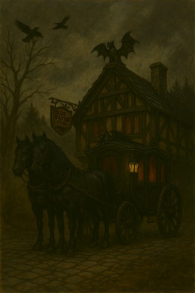Strahd’s Black Carriage waits ominously on the outskirts of Vallaki. The carriage is gothic and imposing, crafted from black lacquered wood with silver trim and intricate carvings of bats and thorns. Its wheels are large and spoked, and the windows are curtained in deep crimson velvet. A pair of midnight-black horses stand harnessed, their eyes glowing faintly red, steam rising from their nostrils in the cold mist. The road is cobbled and damp, winding through skeletal trees and fog. In the distance, the silhouette of Vallaki’s rooftops looms under a heavy, overcast sky. The carriage door is slightly ajar, as if waiting for someone to step inside.