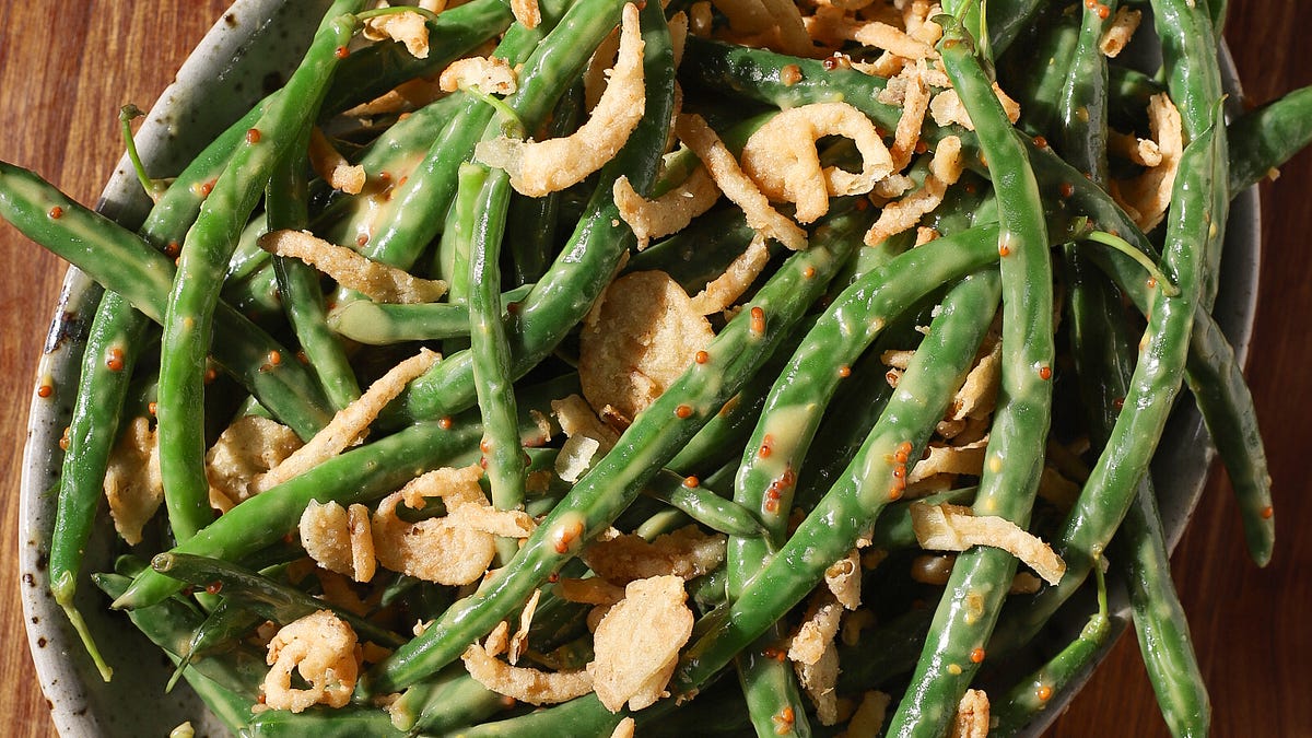 Green Beans with Roasted Garlic-Mustard Dressing & Fried Onions