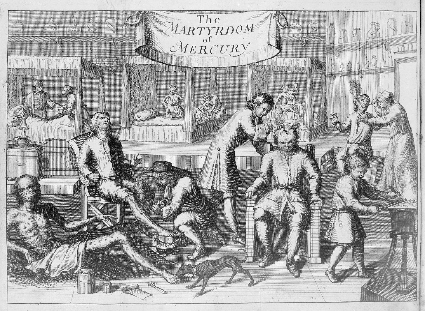 An 18th-century engraving showing a hospital ward with patients undergoing different treatments. One is have a sore on his head cauterised, another is receiving the same treatment to his leg. A skeletal man covered in sores is sitting on the floor while a dog licks the purulent matter from his foot. An 18th-century engraving showing a hospital ward with patients undergoing different treatments. One is have a sore on his head cauterised, another is receiving the same treatment to his leg. A skeletal man covered in sores is sitting on the floor while a dog licks the purulent matter from his foot.