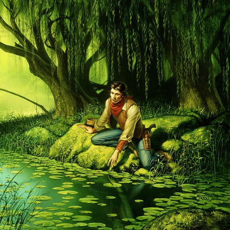 LEFT: Detail from THE TEMPLE OF THE ORACLE featuring Roland kneeling on the rocks at the edge of a pond grown over with cattails. His expressed is emotionally detached as he reaches out toward his reflection between the lily pads. His face is rendered in the water as a bare skull. CENTER: Close detail of Roland kneeling at the edge of a pond, reaching out to his reflection among the lily pads. His face reflecting in the water is rendered as a bare skull. RIGHT: Detail from THE TEMPLE OF THE ORACLE featuring light slanting through the dangling willow branches like an atmospheric curtain over the ancient circle of stones standing in the background. The ring resembles Stone Henge except complete and the vertical stones are plainly in the shape of phalluses.