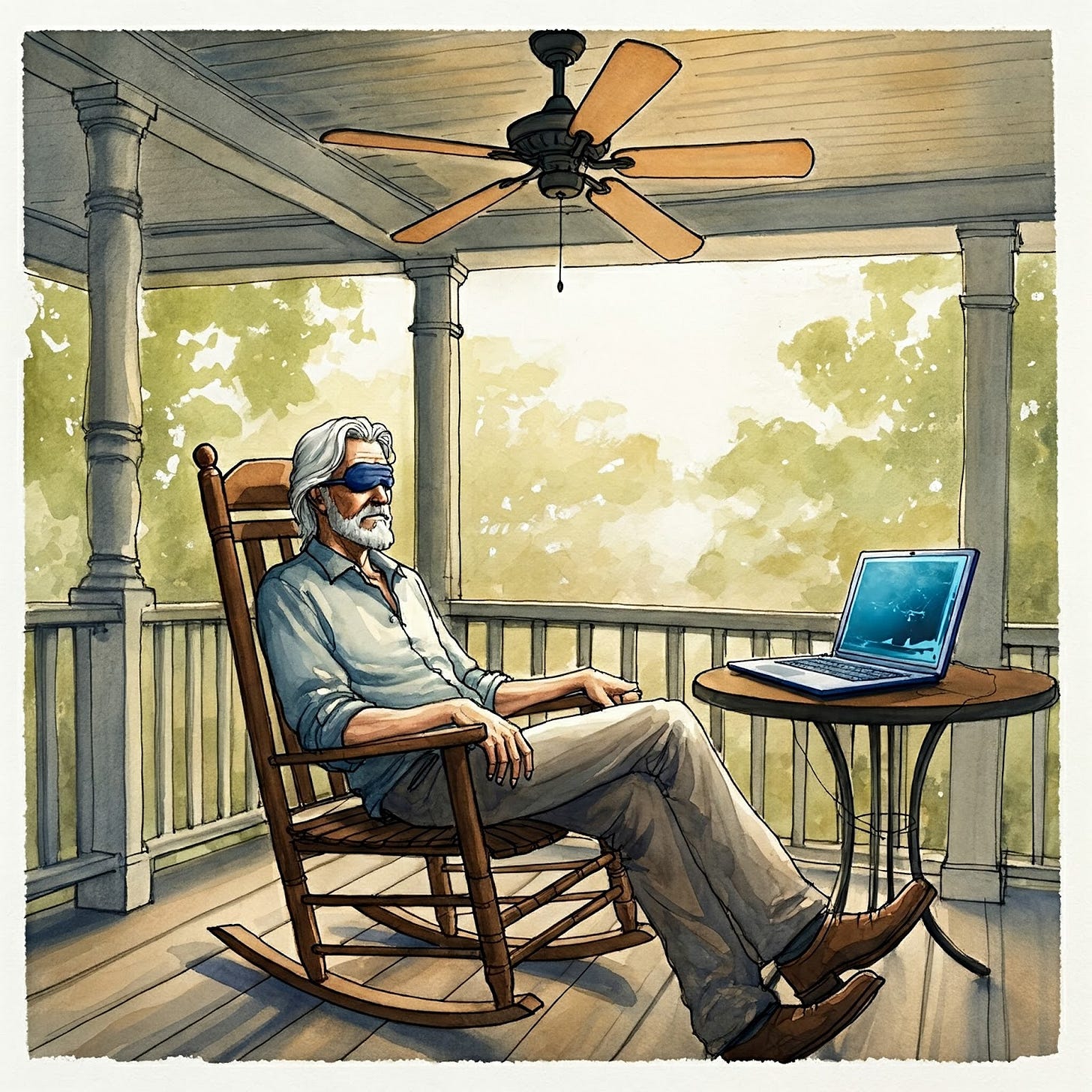 Emile Navarre on his porch in a rocking chair with ceiling fan above and his laptop on the table.