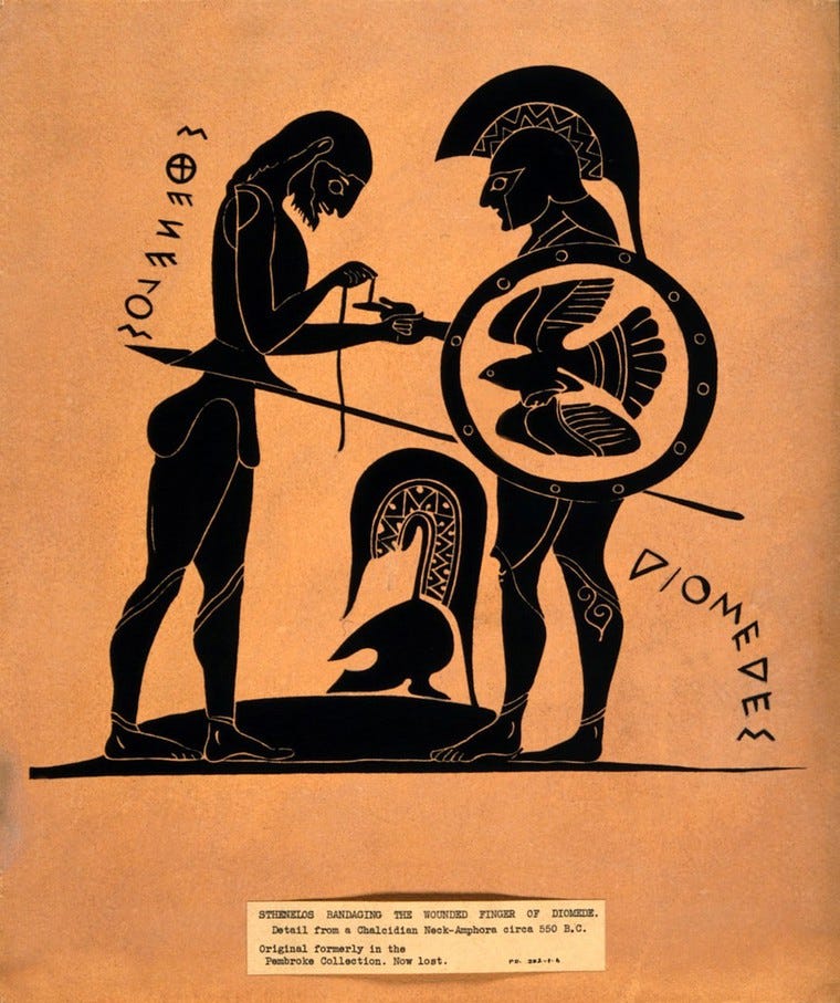 Sthenelos bandaging Diomedes, 1937 drawing after Chalcidian vase: A reminder how ancient visuals help modern filmmakers ground historical scenes in authentic details.