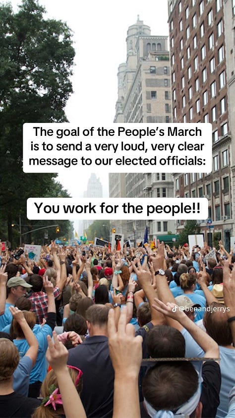 image of people protesting with overlaid text expressing power to the people and organizational info to attend the recently rebranded Women's March as the People's March