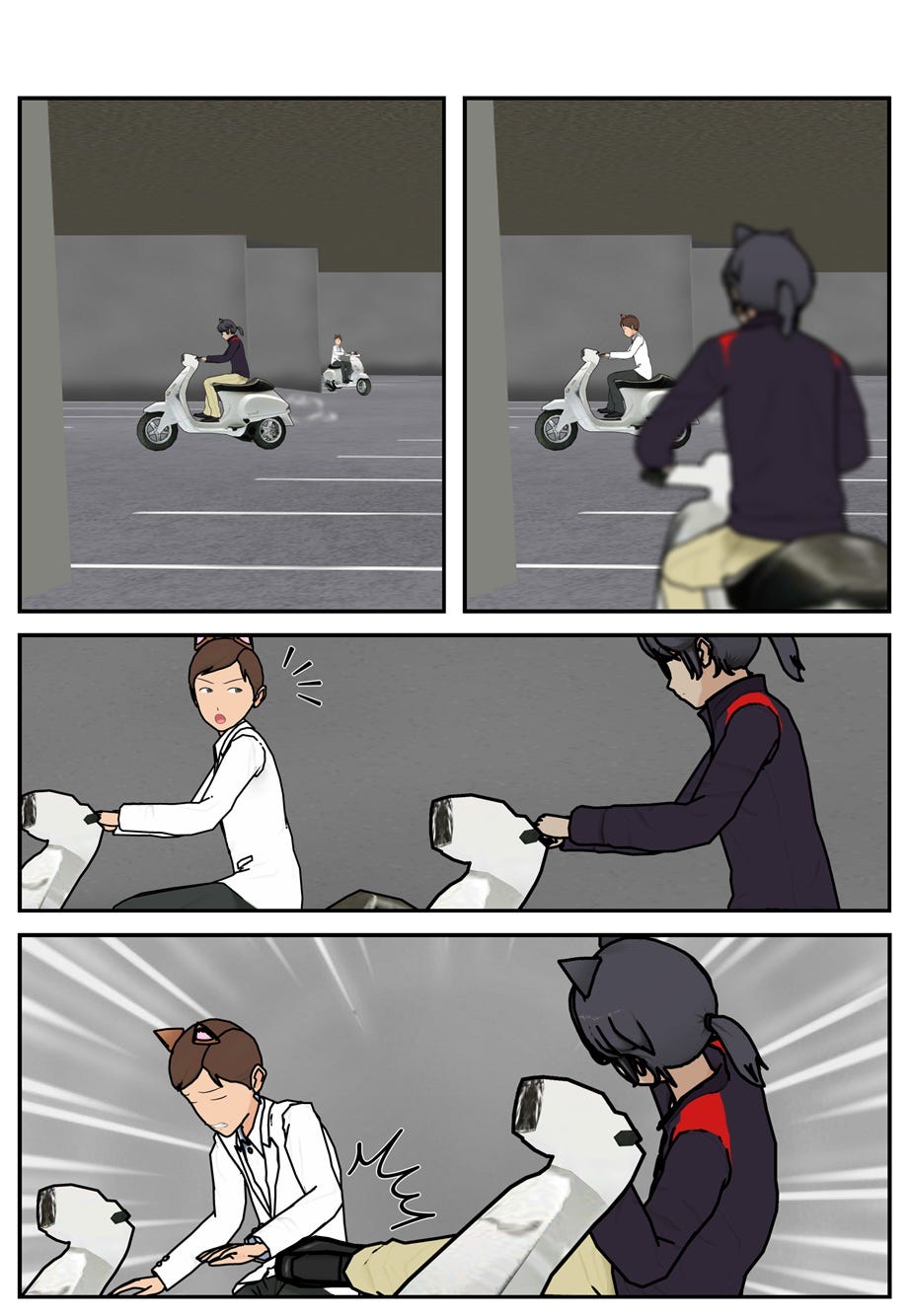 Continuing the motorcycle chase, Ruff corners the third Invidius minion and kicks him down.