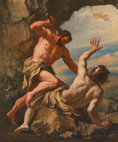 Paintings: 1. Aeneas Defeating Turnus by Luca Giordano 2. Cain smiting Abel by Sebastiano and Marco Ricci 3. Mercurius killing Julian by Unknown