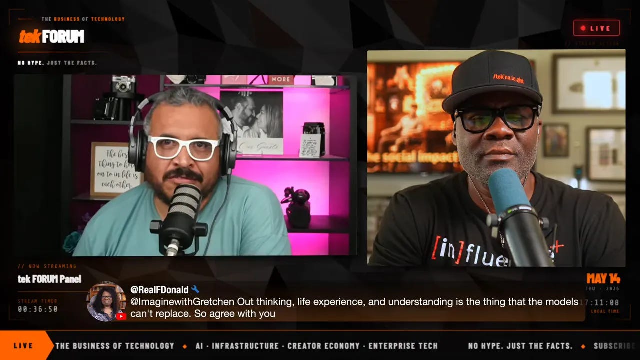 Tek Forum panel screenshot showing two podcasters in microphones discussing AI convenience versus replacement risk