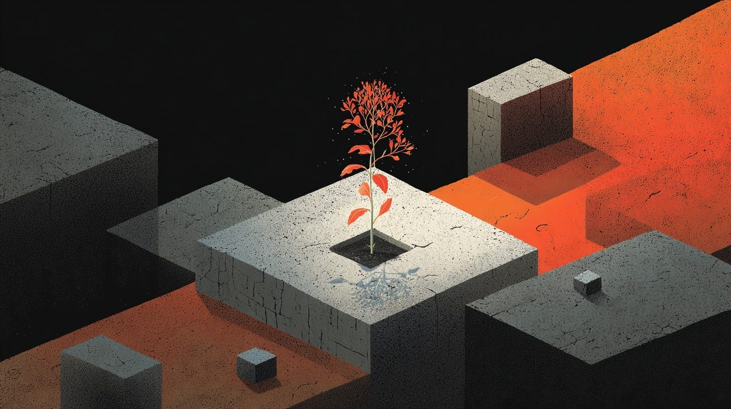 A single red-orange plant grows out of a small square hole in a large gray concrete block, surrounded by other cracked blocks in shades of gray and orange. The background fades into black, emphasizing the fragile plant as a symbol of life and growth amid a harsh, barren environment. A single red-orange plant grows out of a small square hole in a large gray concrete block, surrounded by other cracked blocks in shades of gray and orange. The background fades into black, emphasizing the fragile plant as a symbol of life and growth amid a harsh, barren environment.