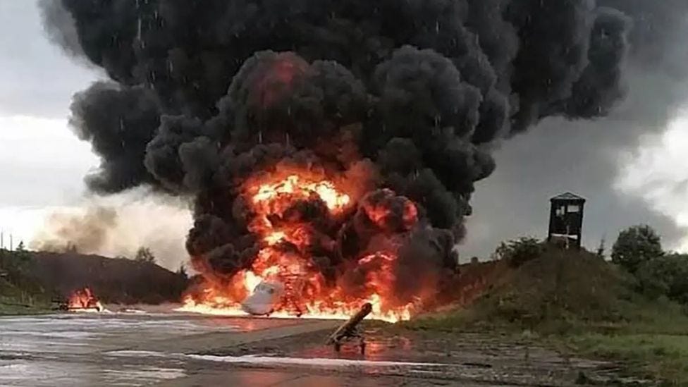An image showing a Tu-22M on fire at Soltsy-2 airbase