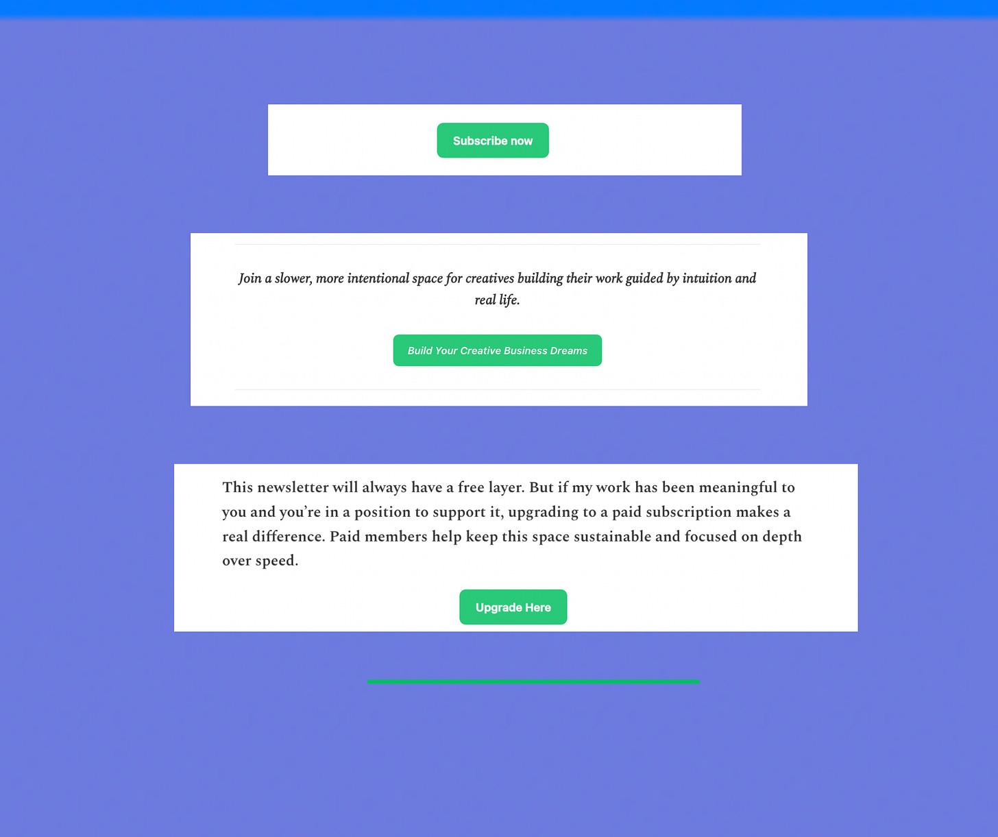 Example of a subscribe and upgrade call to action placement within a Substack newsletter, designed to guide readers naturally through the experience Example of a subscribe and upgrade call to action placement within a Substack newsletter, designed to guide readers naturally through the experience