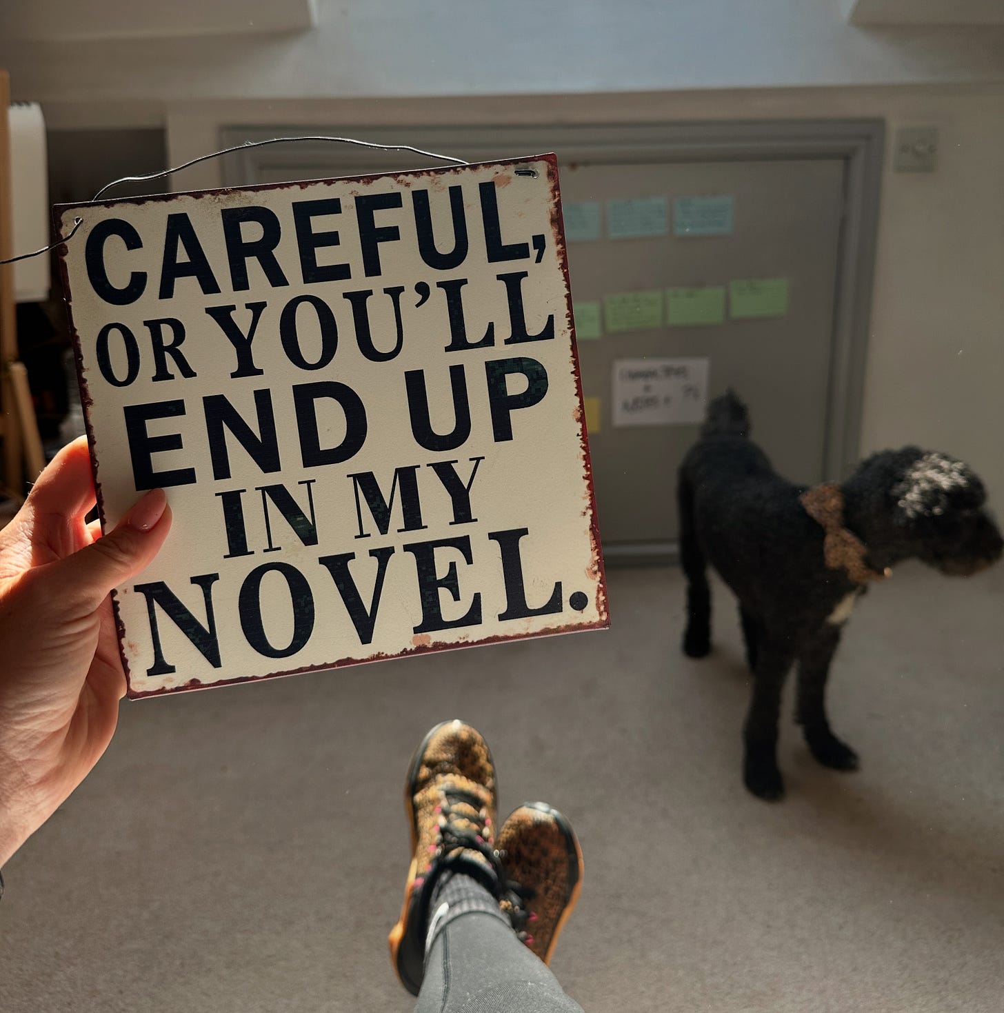 Author holding sign saying 'careful or you'll end up in my novel' sign in their office. Dog in the background.