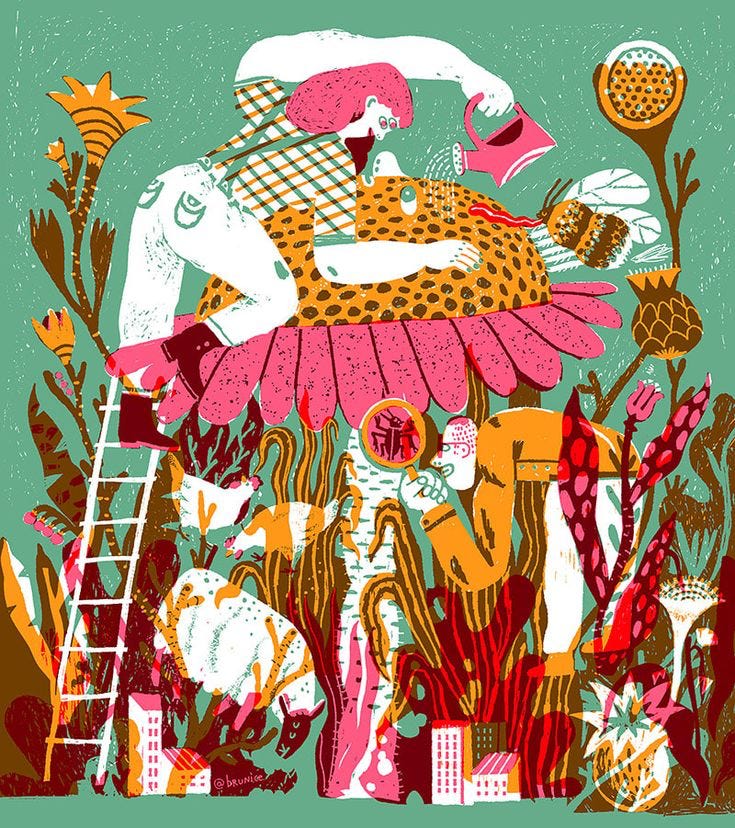 A whimsical illustration with a mint green background showing two people watering and inspecting a large flower. One has to use a ladder to climb up to the top. The scene is surrounded by stylized flora in warm colors like orange, pink, and burgundy, with small buildings visible at the bottom. The art style is playful and decorative, using a limited color palette of pink, orange, brown, white, and green. A whimsical illustration with a mint green background showing two people watering and inspecting a large flower. One has to use a ladder to climb up to the top. The scene is surrounded by stylized flora in warm colors like orange, pink, and burgundy, with small buildings visible at the bottom. The art style is playful and decorative, using a limited color palette of pink, orange, brown, white, and green.