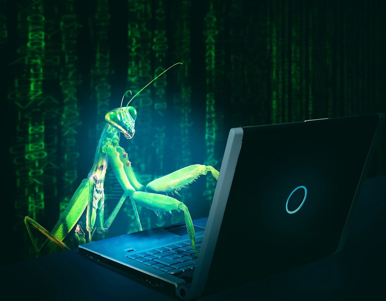 Image depicting a mantis operating a laptop computer.