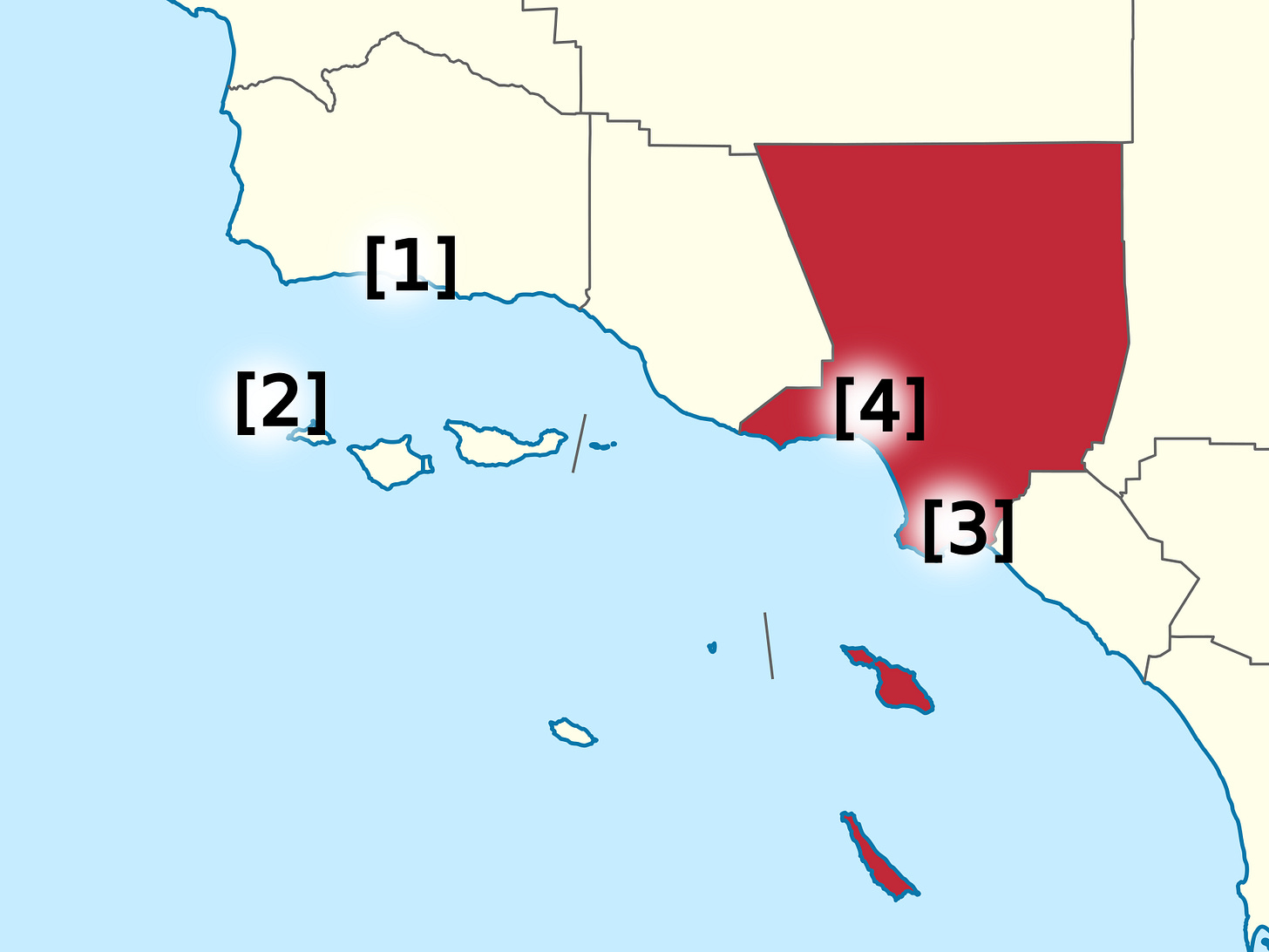 Map marking Ellwood, the offshore radar contact, Long Beach, Santa Monica and Los Angeles.